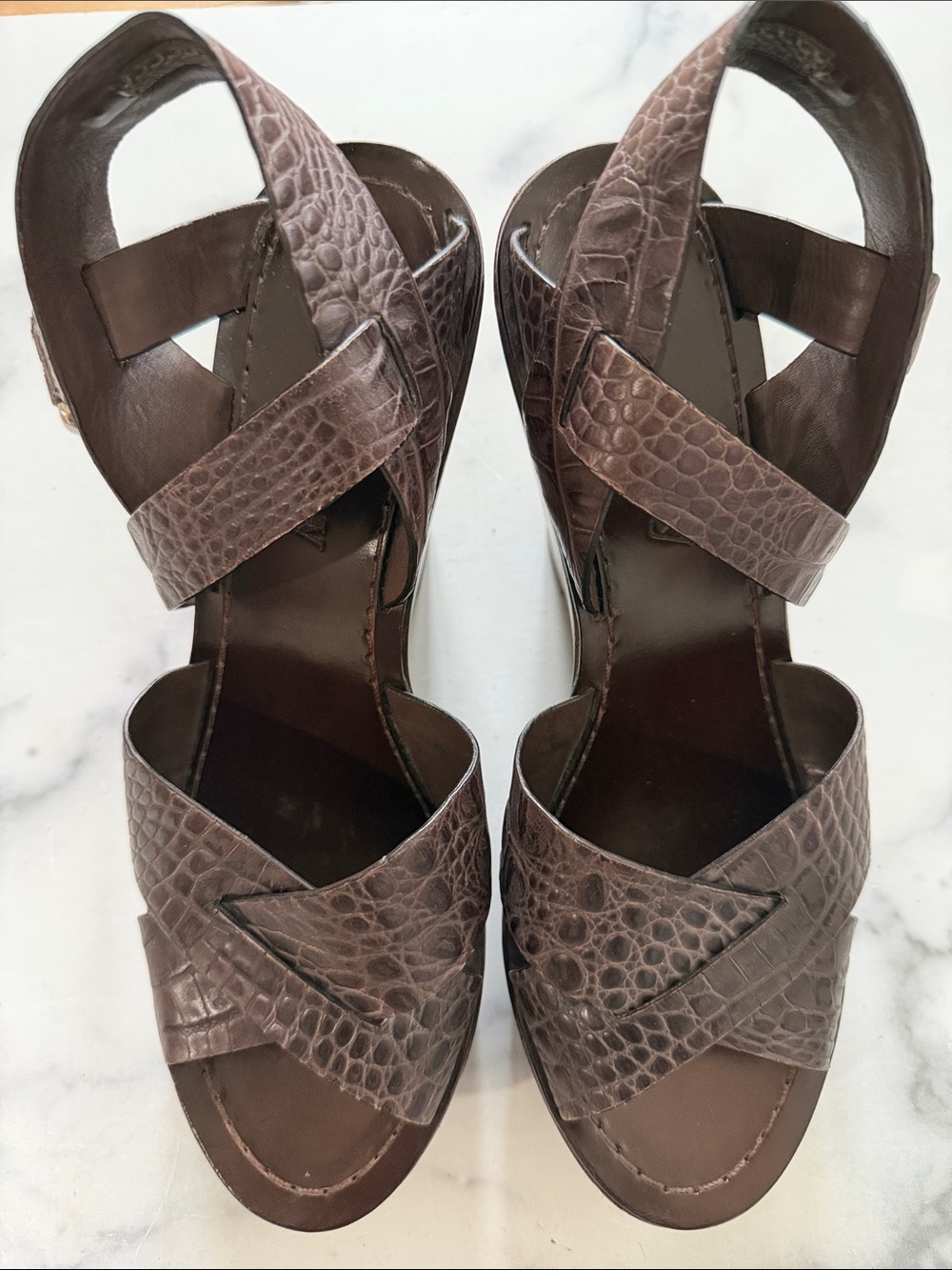 Theory Brown Croc-Embossed Leather Wedge Sandals
